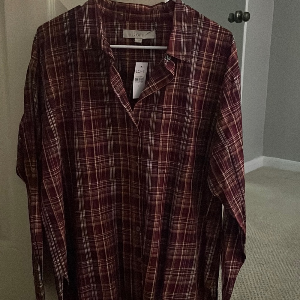 Loft plaid long sleeved shirt.  Burgundy color.  Brand new with tags attached.